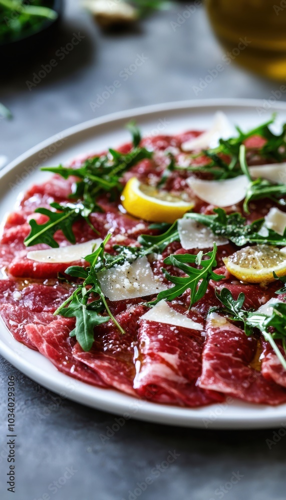 Gourmet Beef Carpaccio with Arugula and Parmesan - Perfect for Elegant Dining Experiences Gourmet Beef Carpaccio with Arugula and Parmesan - Perfect for Elegant Dining Experiences