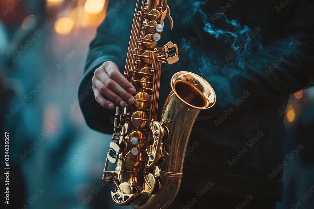 Obraz premium A musician plays saxophone while exhaling smoke, great for music or art-related projects