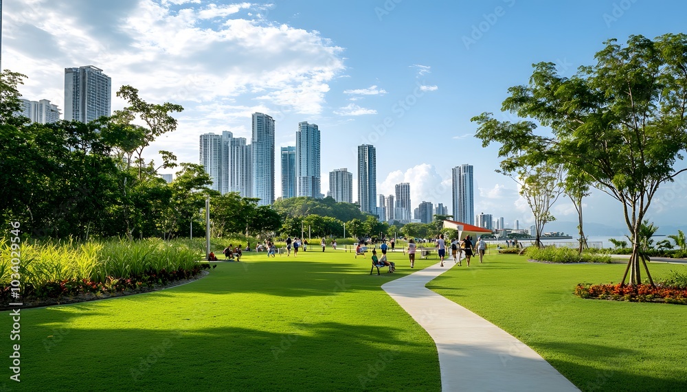 Winding Path Through a Park with City Skyline in the Background Winding Path Through a Park with City Skyline in the Background