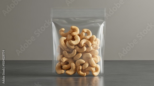 Front View of Clear Plastic Bag Filled with Cashew Nuts