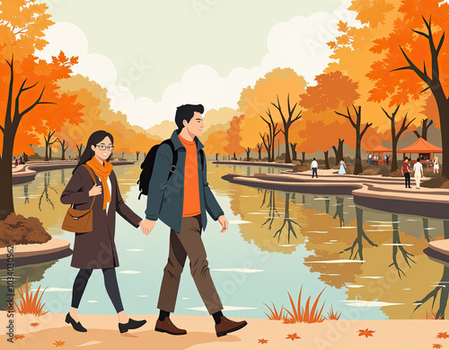 紅葉狩りを楽しんでいる男女 歩いている 秋の旅行 行楽 日帰り旅行  Men and women enjoying autumn foliage picking Walking Autumn trip Excursion Day trip