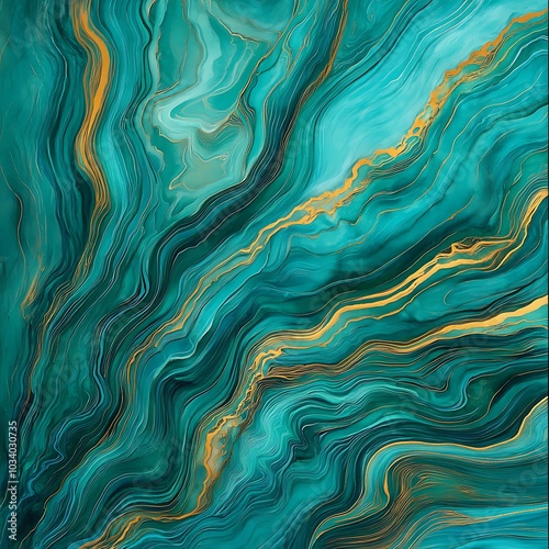 A vibrant abstract design featuring swirling turquoise and gold patterns.