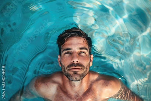 A person swimming in a pool gazing upwards towards the camera