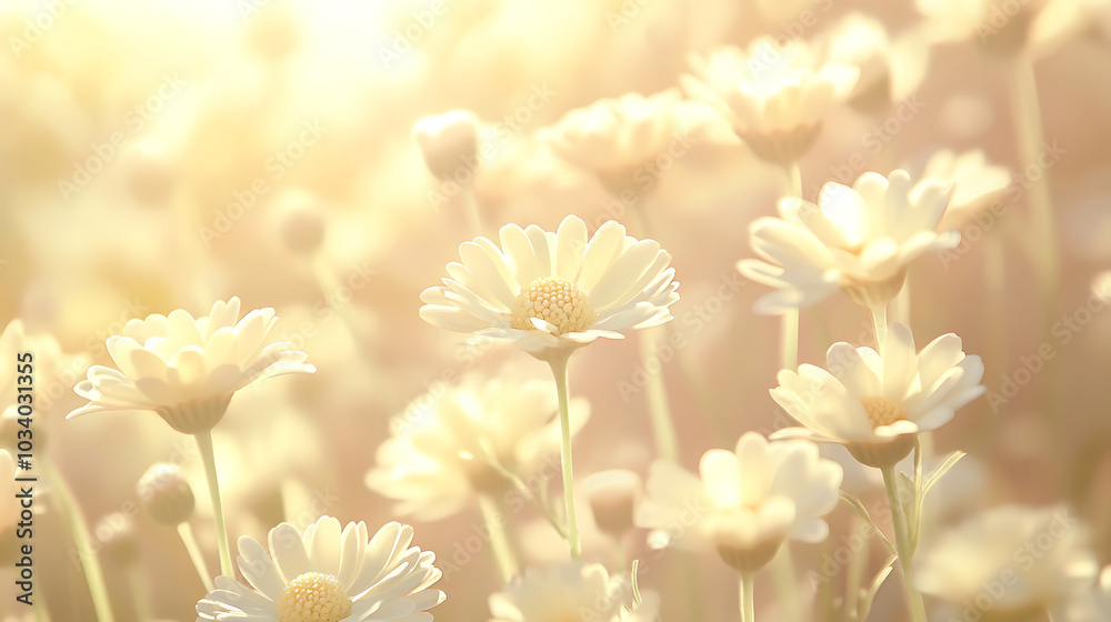 Obraz premium serene and dreamy scene featuring delicate daisies bathed in soft light, creating tranquil atmosphere. gentle hues evoke sense of peace and joy