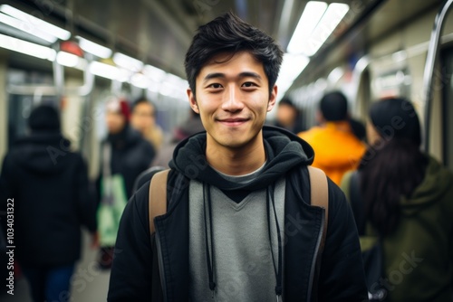 Portrait of a content asian man in his 20s dressed in a comfy fleece pullover on bustling city subway background