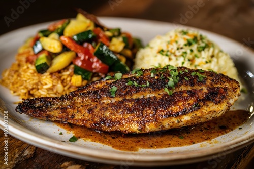 Crispy Blackened Fish with Cajun Rice and Sautéed Vegetables - Perfect for Rustic Dining Themes