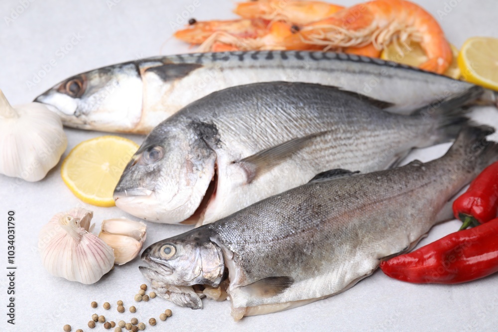Different fresh sea food with spices on light grey table, closeup Different fresh sea food with spices on light grey table, closeup
