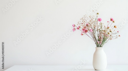 A simple white vase with pink flowers on a white table against a white wall.