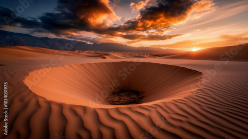 Majestic desert landscape with a unique sand formation at sunset photo