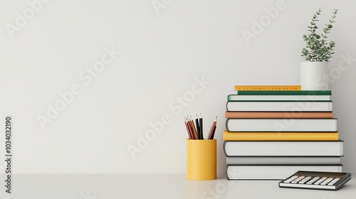 3D render of a stack of books, rulers, and a calculator placed on a clean white desk, highangle shot photo