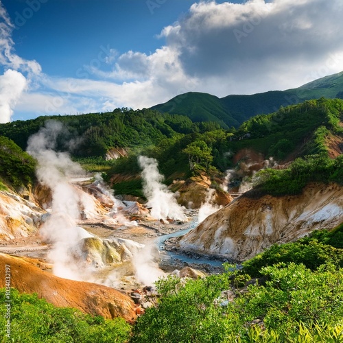 noboribetsu hell valley with boiling springs area in summer hokkaido japan photo