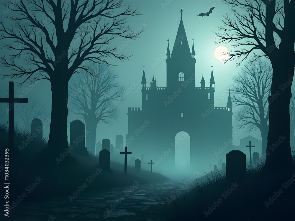 A dark and atmospheric Halloween scene set in a fog-covered, ancient graveyard. The towering gothic architecture of crumbling mausoleums and stone angel statues looms over the scene A dark and atmospheric Halloween scene set in a fog-covered, ancient graveyard. The towering gothic architecture of crumbling mausoleums and stone angel statues looms over the scene