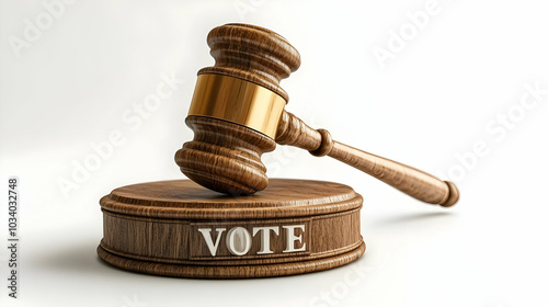 3D Gavel Frame with Vote Sound Block Concept - Close-Up of Circular Gavel with VOTE Center, Camera Rotation, White Background for Election Dates