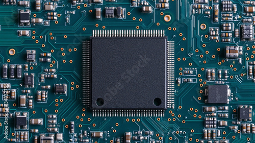 Close up of Microchip on Green Circuit Board Computer Hardware Technology Background photo