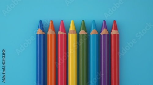 Bright crayons arranged in rainbow order on a table, creative play, 3D illustration photo