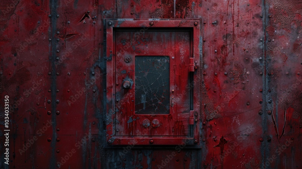 A close-up shot of a red metal door with visible rivets, suitable for industrial or sci-fi themed contexts A close-up shot of a red metal door with visible rivets, suitable for industrial or sci-fi themed contexts