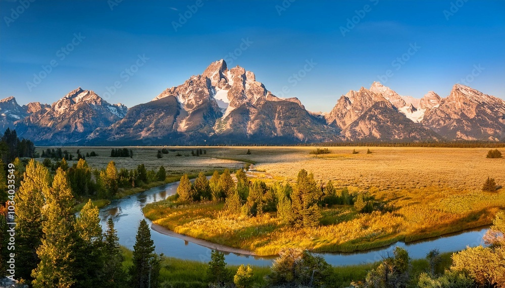the grand tetons panorama with a river running through it