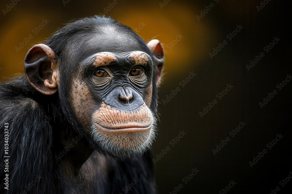 A close-up of a chimpanzee, showcasing its expressive face and detailed features against a softly blurred background. A close-up of a chimpanzee, showcasing its expressive face and detailed features against a softly blurred background.
