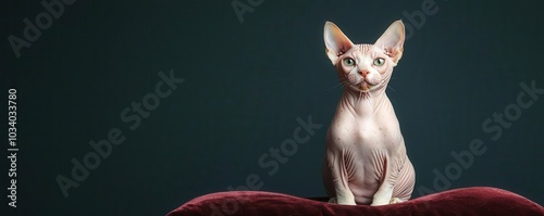 A sleek cat poses elegantly on a cushion against a dark background, showcasing its distinctive features and playful demeanor.