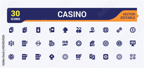 Casino related solid icons set. Containing playing cards, poker chips jackpot and more. Filled icon collection. Glyph editable symbol pack. Pixel perfect Vector illustration.