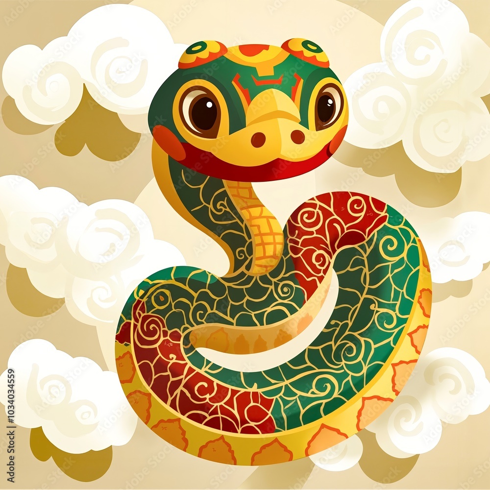 Fototapeta premium A cartoon snake in the clouds on a beige background