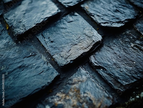 Close up of black slate roof with moss growing on it photo