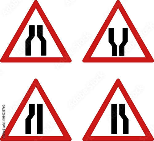 Red Road Signs. Vector Icons. Road Narrows, Road Widens, Road Narrows Left, Road Narrows Right