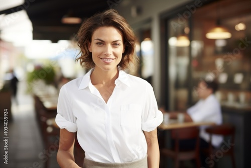 Free Download Portrait of a glad woman in her 30s wearing a simple cotton shirt while standing against bustling restaurant background - GFXLoad