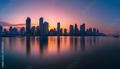 Cityscape Skyline at Sunset Reflected in Calm Water