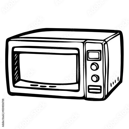 A black and white drawing of a microwave oven. The microwave is turned off and has a white interior