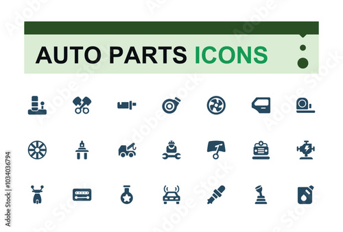 Auto parts solid icons set. Related to repair, electrical equipment, engines and other special equipment. Filled symbol for Auto parts store. Pixel prfect glyph icons pack.