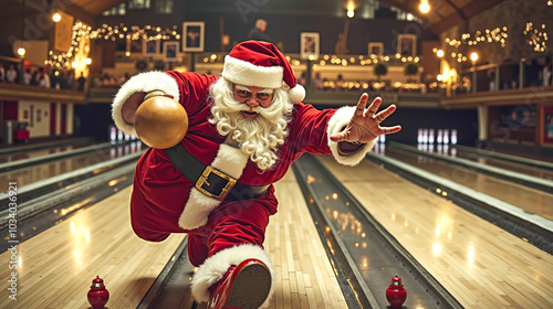 A man dressed as Santa Claus bowling in a bowling alley