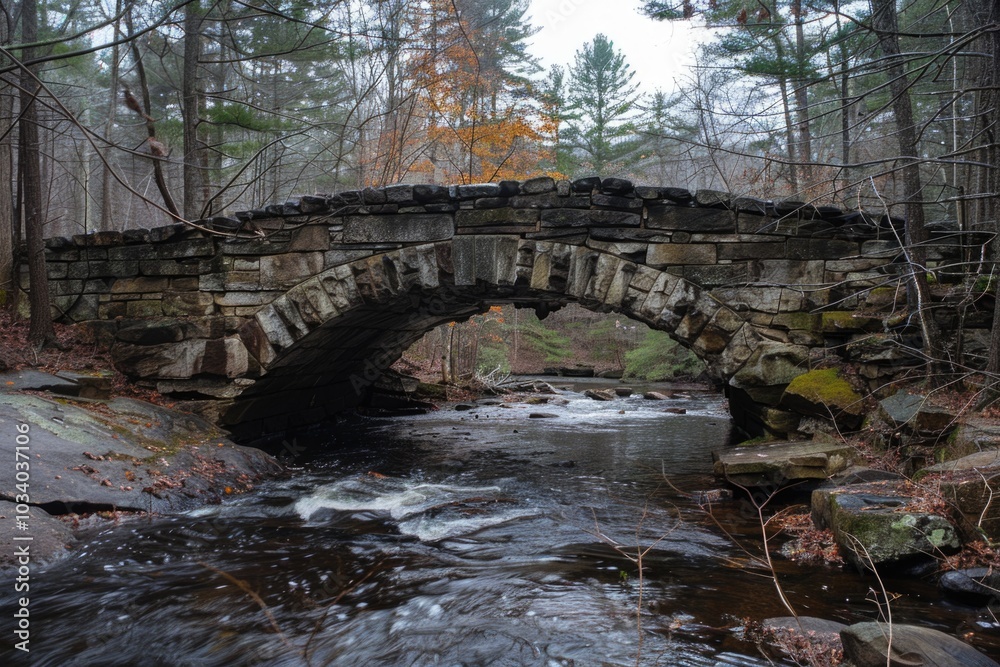 A natural stone bridge spanning a tranquil forest stream A natural stone bridge spanning a tranquil forest stream