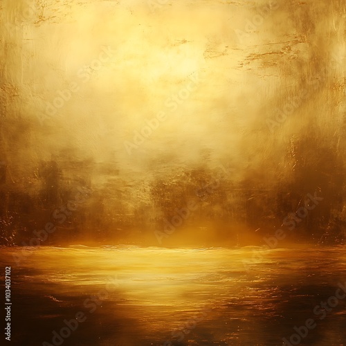 A serene golden landscape with a soft glow reflecting on water.