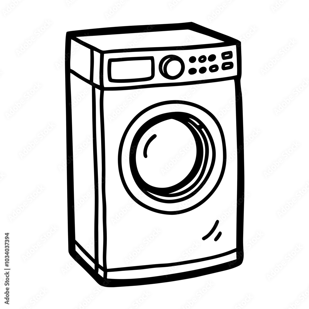 A cartoon drawing of a washing machine. The machine is black and white and has a simple design A cartoon drawing of a washing machine. The machine is black and white and has a simple design