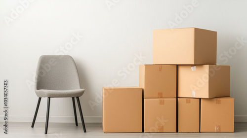 stack of cardboard boxes is neatly arranged next to modern gray chair against plain wall, creating minimalist and organized atmosphere. This setup is ideal for office relocation or storage solution