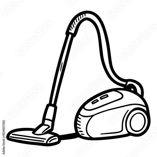 A black and white drawing of a vacuum cleaner. The vacuum cleaner is a cartoonish drawing of a typical household appliance. Scene is lighthearted and playful