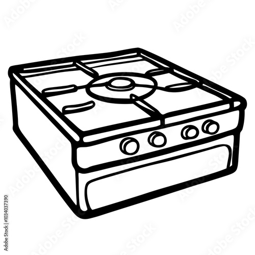 A stove with a black handle and four knobs. The stove is white and has a black handle