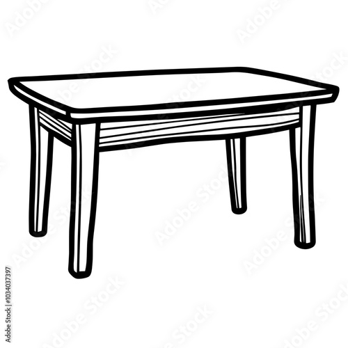 A table is shown in a black and white drawing. The table is rectangular in shape and has four legs. The table is empty and has no visible objects on it