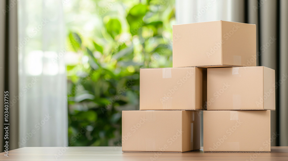 Neatly stacked cardboard boxes sit on wooden table, surrounded by bright and airy environment with greenery in background. scene conveys sense of organization and readiness Neatly stacked cardboard boxes sit on wooden table, surrounded by bright and airy environment with greenery in background. scene conveys sense of organization and readiness