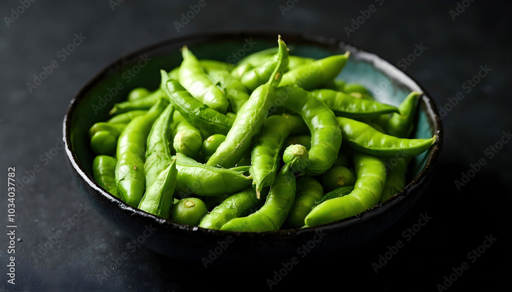 Edamame soybeans on a black background, viewed from above, showcasing their vibrant green color and texture. Perfect for food photography, healthy eating themes, and culinary presentations. Edamame soybeans on a black background, viewed from above, showcasing their vibrant green color and texture. Perfect for food photography, healthy eating themes, and culinary presentations.