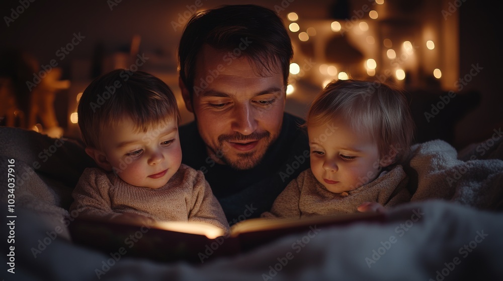 A father engages his two young children by reading a bedtime story, creating a cozy atmosphere with warm lights while they nestle under a blanket. A father engages his two young children by reading a bedtime story, creating a cozy atmosphere with warm lights while they nestle under a blanket.
