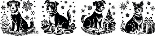 Set de animales en vector. Siluetas de perros vectorizadas. Pack de perros en color negro sin fondo. Set navideño de perros listos para Navidad. 