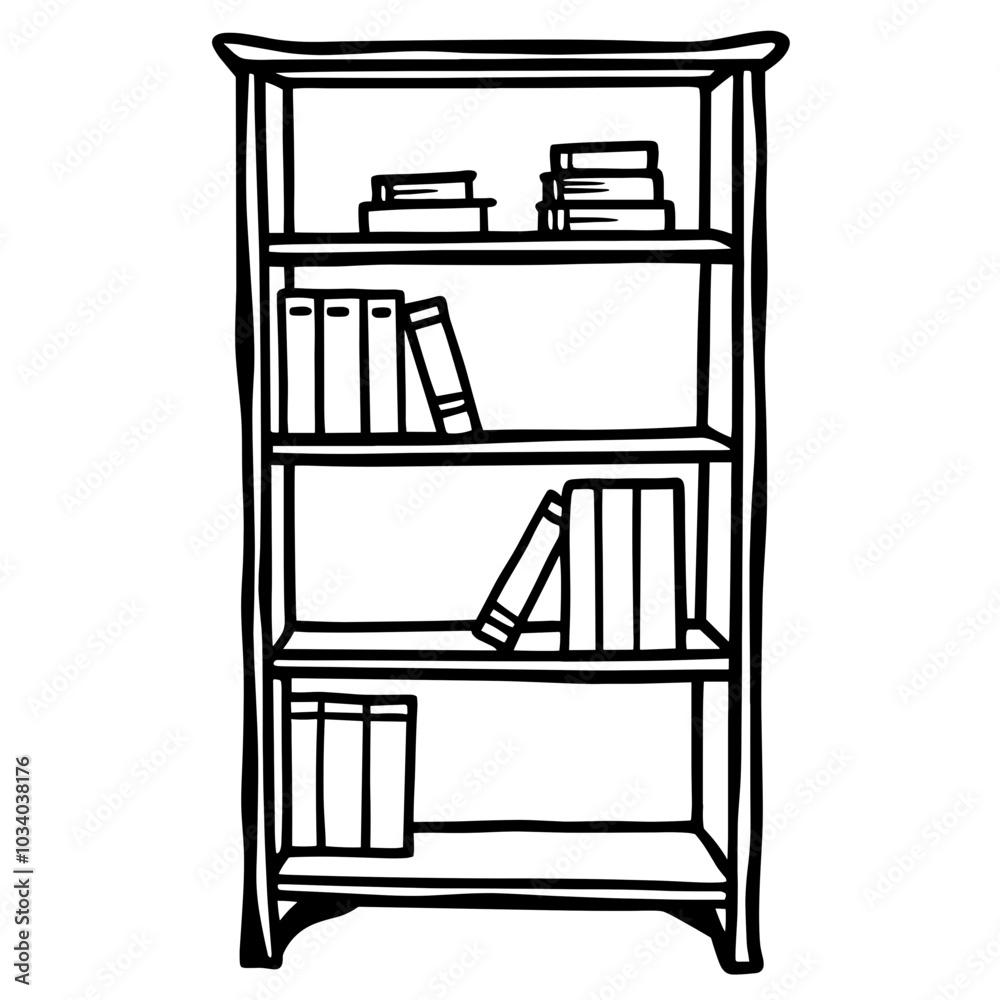 A bookcase with many books on it. The books are arranged in rows on the shelves. The bookcase is tall and has four shelves A bookcase with many books on it. The books are arranged in rows on the shelves. The bookcase is tall and has four shelves
