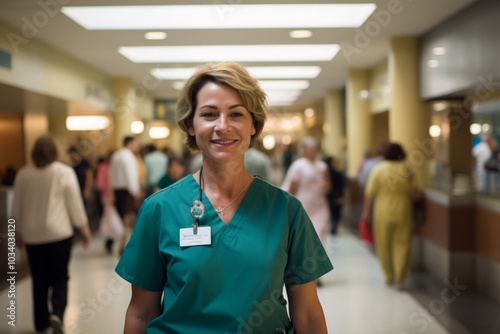 Portrait of a smiling woman in her 40s donning a classy polo shirt while standing against busy hospital hallway background