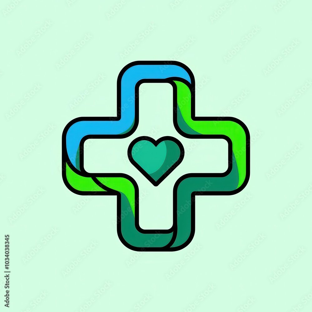 Fototapeta premium Medical Cross with Heart Symbol in Green and Blue 