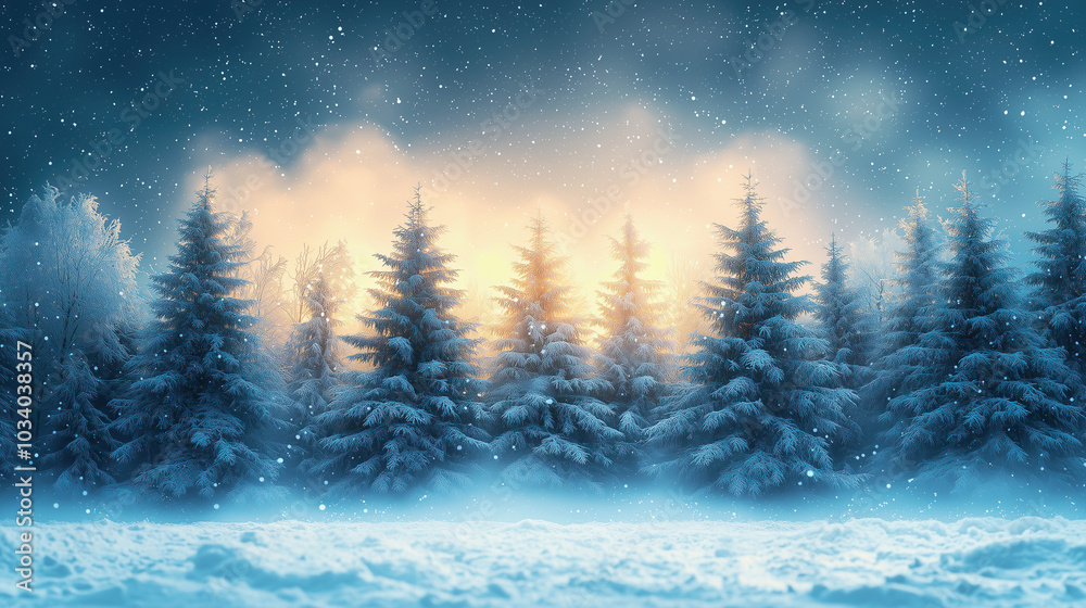 Fototapeta premium Winter forest with snow-covered trees, soft snowflakes falling from the sky, perfect for outdoor or seasonal winter advertising.