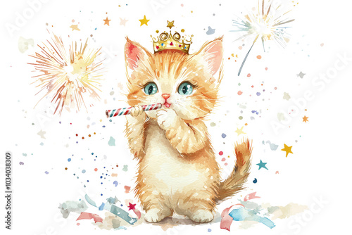 A cute kitten in a tiara blows a festive horn in anticipation of the New Year. photo