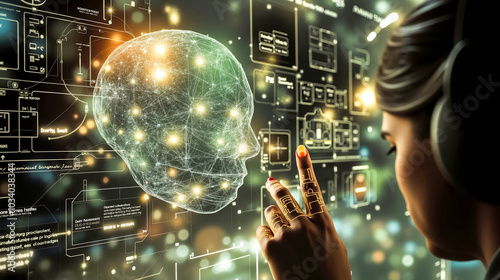 Wallpaper Mural A woman wearing headphones touching a virtual human head on a touch screen Torontodigital.ca