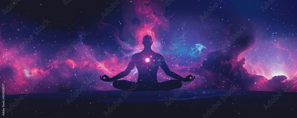 Man sitting yoga pose background galaxy meditative.